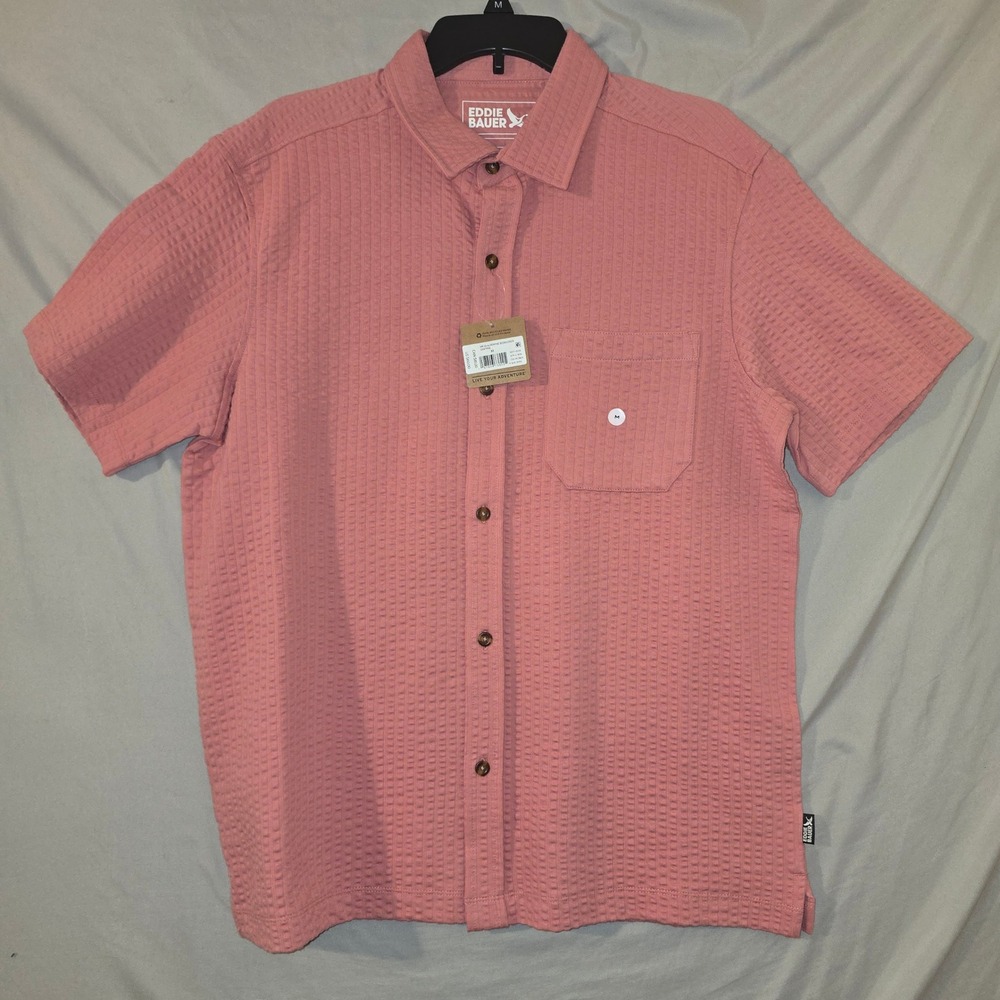 Eddie Bauer Alderpine Seersucker Shirt Medium Mens Coral Pink Short Sleeve NWT